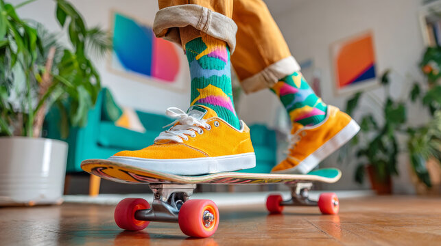 A person wearing yellow sneakers and colorful socks is standing on a skateboard with red wheels in an indoor setting - Powered by Adobe