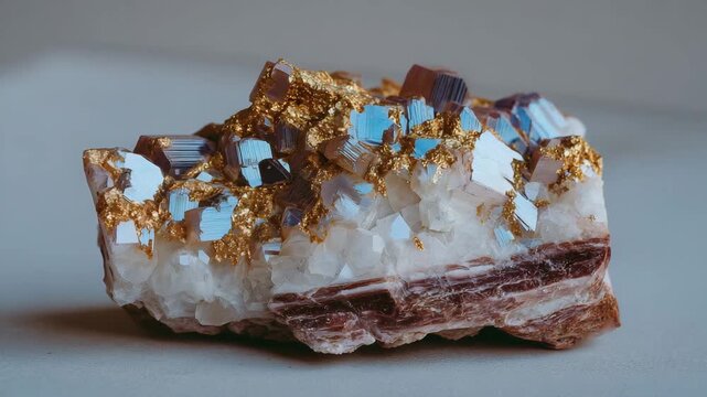 173Macro shot of layered mineral specimen showing crystalline structure, placed on white minimalist background for contrast