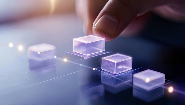 A hand placing a glowing cube on a digital interface, representing a futuristic concept with a soft, ethereal glow. - Powered by Adobe