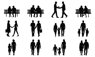 Silhouettes of diverse people in various interactions: couples, families, business, and individuals.