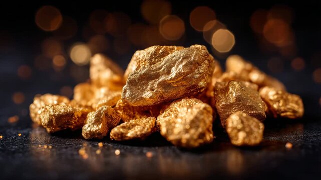 174Close-up of gold nuggets scattered on a dark velvet background, warm highlights reflecting from textured metallic surfaces