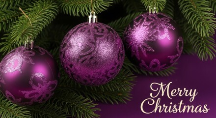 Three ornate purple christmas ornaments on a fir tree