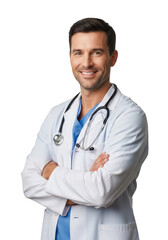 Fototapeta premium A smiling male physician wearing a white medical coat and stethoscope with his arms crossed isolated on transparent background