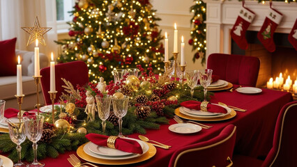 Festive Christmas dinner table with red and gold decor, candles, pine branches and baubles, set in a cozy living room with fireplace, stockings and decorated Christmas trees with lights.