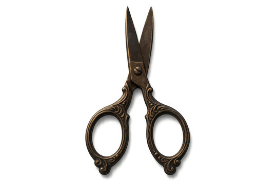 Vintage ornate embroidery scissors with bronze finish and intricate details, ideal for crafting and antique themes, transparent background