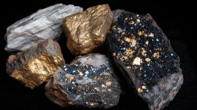 177Close-up of lead and zinc ore samples, coarse and rough textures highlighted by angled lighting on a black backdrop