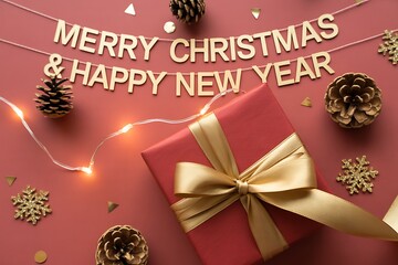 Merry Christmas and Happy New Year text with red gift box and gold bow
