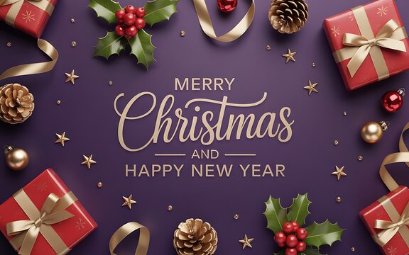 Merry Christmas and Happy New Year gold text with red gifts on purple - Powered by Adobe