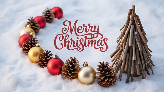 Merry Christmas red text with wooden tree and ornaments on snow