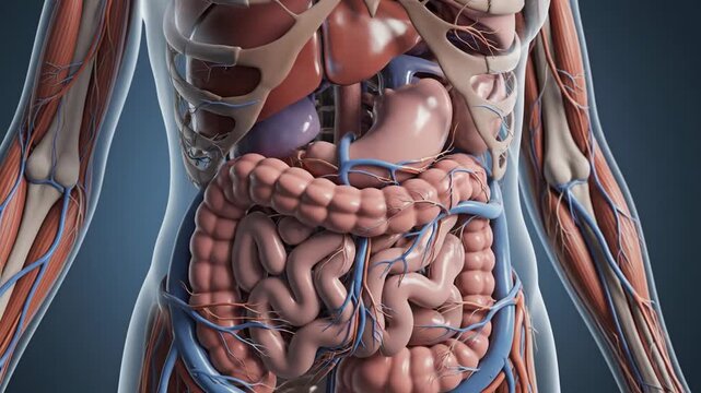 Anatomical illustration of human body depicting internal organs and skeletal structure