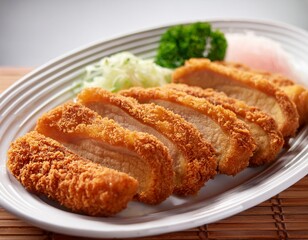 side view of tonkatsu pork cutlet on white platter