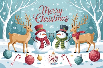 Fototapeta premium Whimsical Christmas scene with snowmen reindeer and holiday ornaments