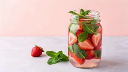 Glass jar of infused water with strawberries and mint
