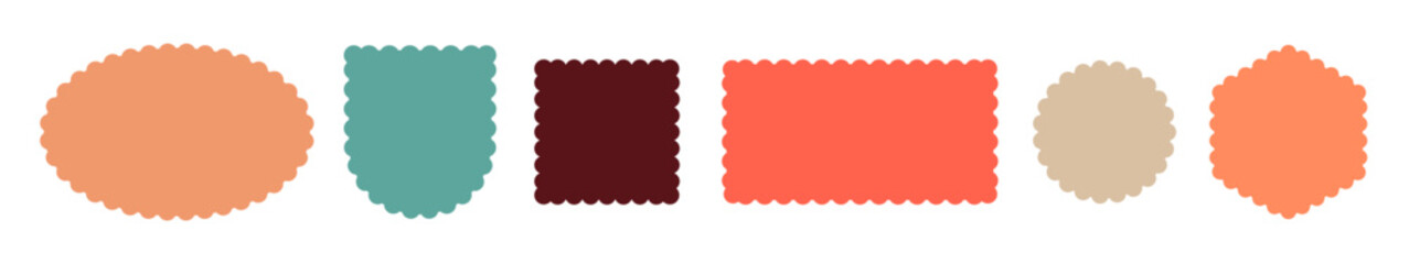 Frame scallop shape wavy edge vector border box stamp icon. Rectangle scallop colorful curvy figure design