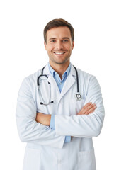 Fototapeta premium Smiling male doctor wearing white lab coat and stethoscope with arms crossed isolated on transparent background