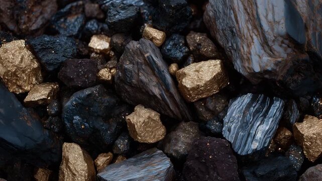 178Detailed macro shot of metallic and mineral fragments clustered together, dark surface providing depth, reflecting light to showcase rarity and industrial value