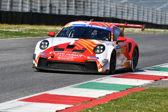 Scarperia, Italy - March 20th 2025: Porsche 911 GT3 Cup (992) of Team Ajith Kumar Racing by BKR drive by Kumar-Duffieux-Detry in action during 12h Michelin at Mugello Circuit.