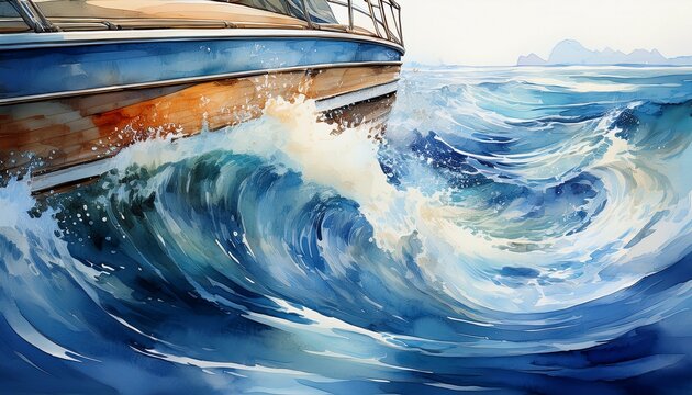 close up of a boat s wake creating ripples in the water in watercolor style