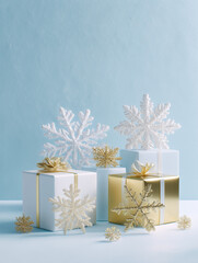 Gold and white gifts with sparkling snowflakes on blue background