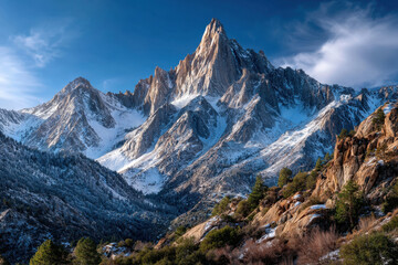 Majestic Snow Capped Mountain Peak Under Blue Sky
