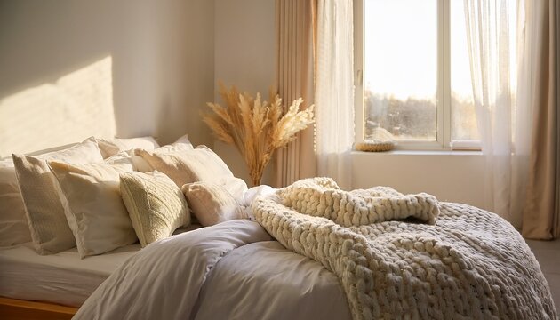 cozy bedroom bed with soft pillows and a warm knitted throw bathed in gentle morning light for a serene inviting hygge atmosphere of comfort and relaxation