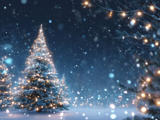 Christmas trees glowing with lights in snowy night forest