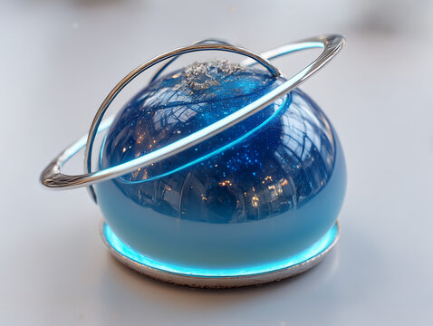 Galaxy planet shaped dessert with glowing ring and blue glaze