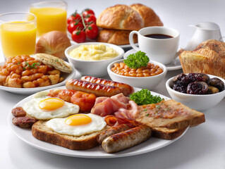 Traditional full english breakfast serving eggs, sausages, bacon, beans