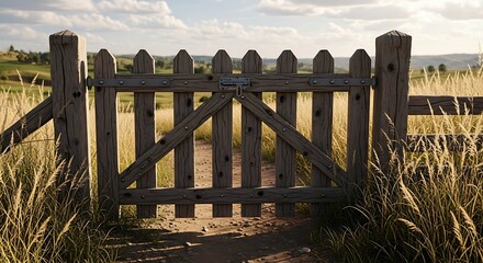 Old wooden picket fence in a blue summer countryside landscape