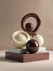 Abstract chocolate confection sculpture arrangement on pedestals