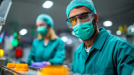 A man in a teal surgical coat, medical mask and goggles looks at the camera while working on an assembly line with other workers behind him