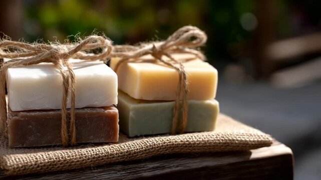 192Rustic composition of handmade soaps tied with twine, resting on burlap and wood, warm sunlight highlighting textures with subtle copy space for natural product advertising
