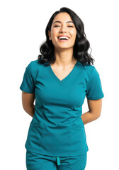 Fototapeta premium Joyful young woman wearing teal scrubs with hands clasped behind her back smiling widely isolated on transparent background
