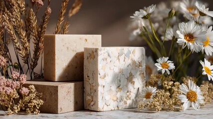 197Artisan soap collection in minimalist layout, subtle color palette of sand and cream tones, surrounded by small botanical accents and generous empty background space for branding