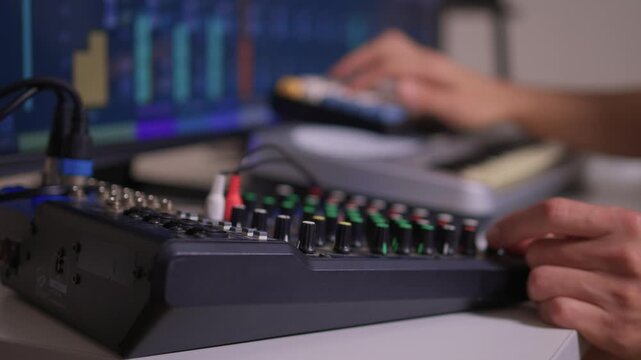 Closeup of tactile controls and vibrant patch cords in studio, Adjusting analog sequencing equipment with bright cables and warm ambient lighting in home studio