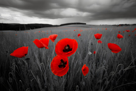 Red poppies blooming in sky beach and wooden background surrounded by nature and flowers