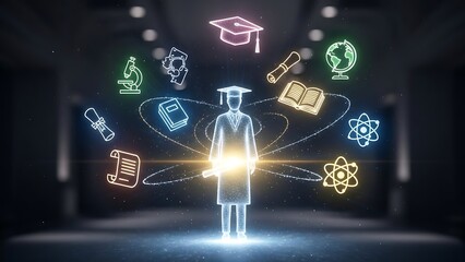 A digital illustration of a graduate surrounded by academic icons and glowing particles