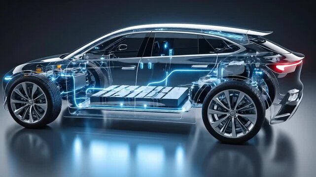 Electric Car Technology: Transparent View of Components.
