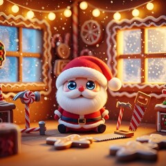 A charming, cartoonish Santa Claus figure sits in a gingerbread workshop, surrounded by tools and decorations.