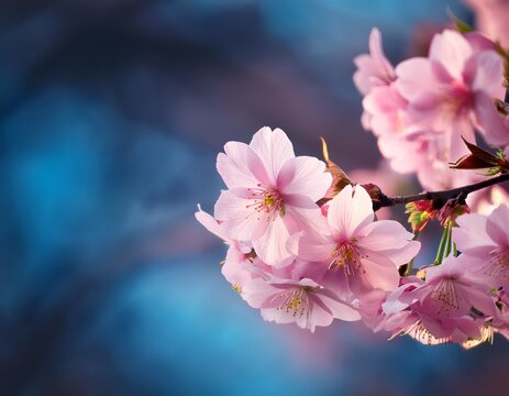 beautiful closeup of pink cherry blossom sakura flowers blooming on a branch in spring - Powered by Adobe