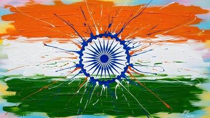 An artistic and modern splatter paint representation of the flag of India with the Ashoka Chakra.