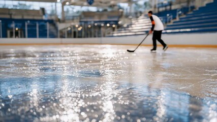223Indoor hockey rink captured from low angle, ice glistening with thin water layer, reflections of overhead lighting stretching across the surface, empty benches and boards in frame - Powered by Adobe