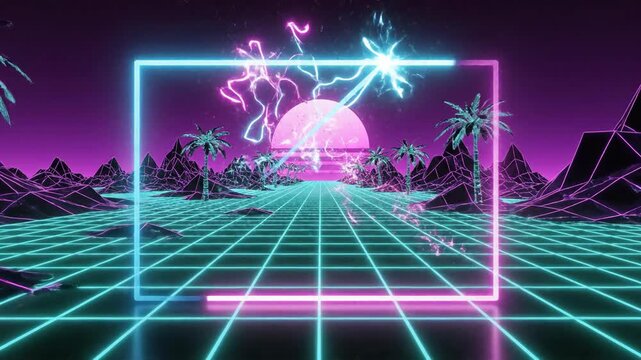 Neon palm trees and geometric grid with lightning bolt abstract background