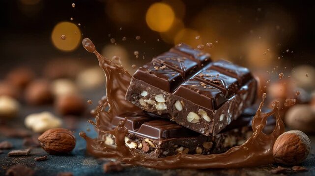 237Luxury chocolate bars stacked diagonally, thick creamy chocolate splash enveloping them, background scattered with whole and crushed nuts, dramatic studio lighting accentuating glo