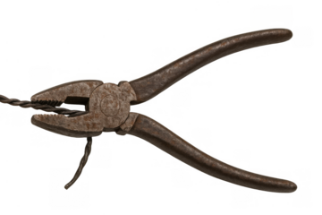 Old rusty pliers gripping a piece of wire, showing wear and tear, isolated on a transparent background