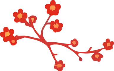 A simple decorative branch with small red blossoms creates a festive, stylized accent inspired by traditional Lunar New Year floral motifs.