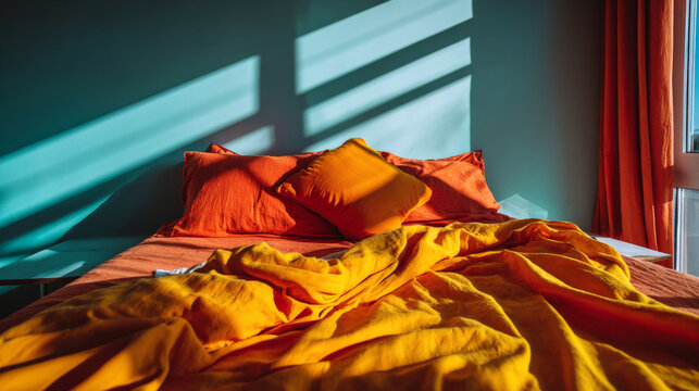 A bed with orange sheets and pillows is lit by sunlight streaming through a window