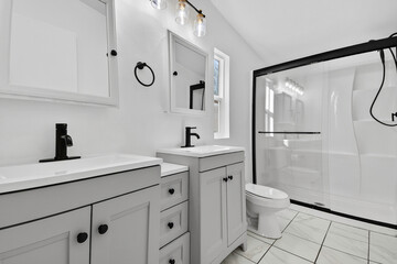 Spacious Washroom With Dual Sinks, Contemporary Family Bathroom With Walkin Shower And Storage