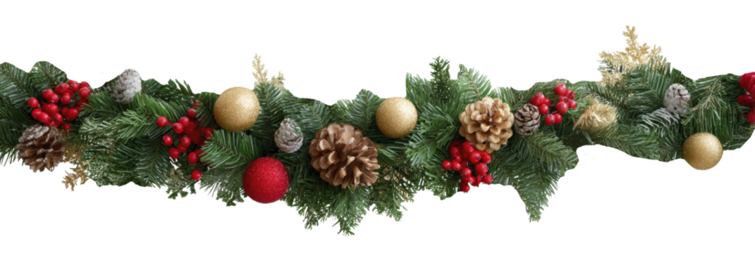 Festive pine garland with pinecones and red berries isolated on transparent background