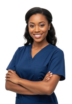 A smiling young african american woman wearing navy blue scrubs with her arms crossed isolated on transparent background
